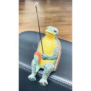 VTG Folk Art Shelf Sitter  Turtle W Fishing Pole 4.5" Hand Carved Painted Wood